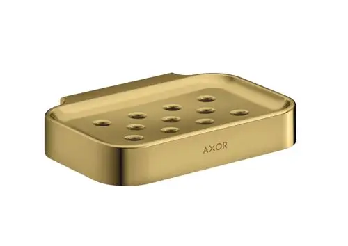 Seifenschale in goldener Optik mit mehreren Löchern zur Ablage, gefertigt von AXOR. Die Oberfläche ist poliert und hat abgerundete Kanten für ein minimalistisches Design.